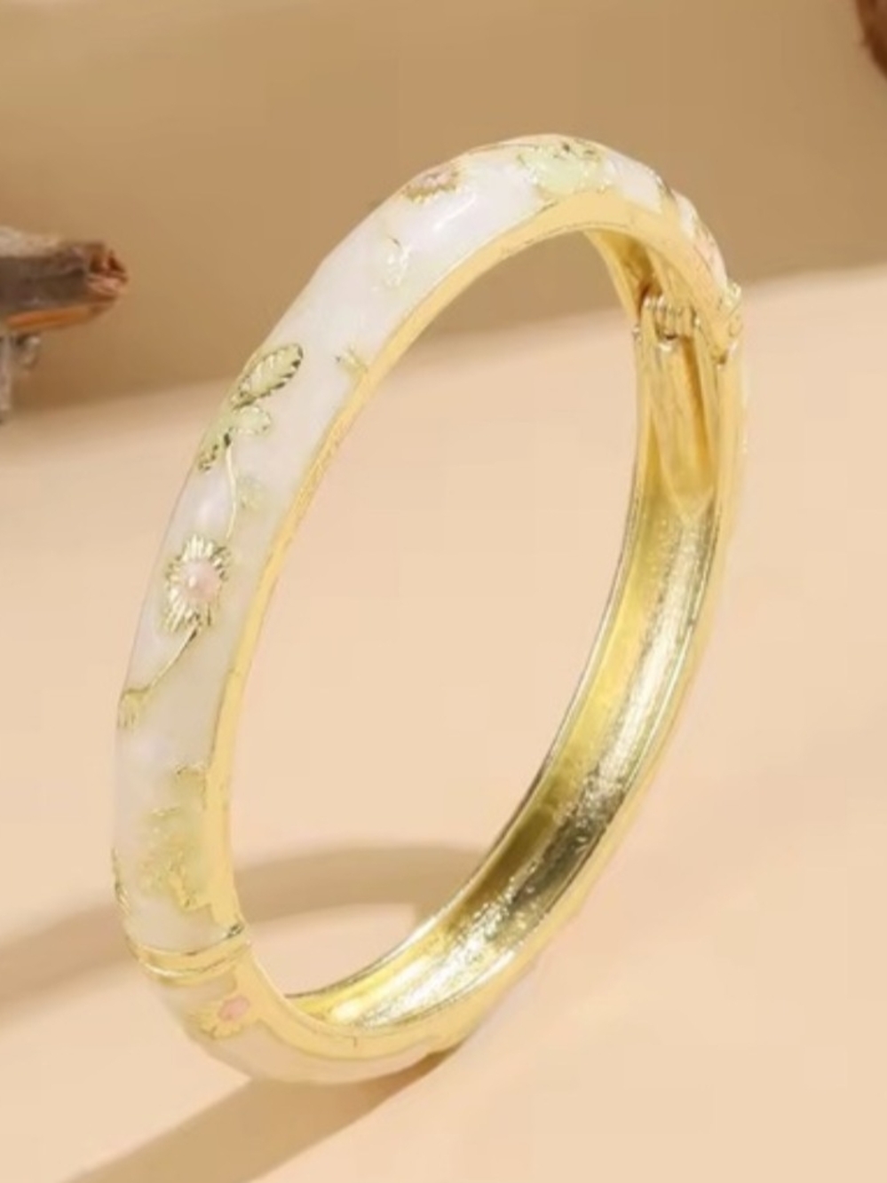 Floral Enamel Bangle Set in Cream and Light Green - Picture 7 of 12